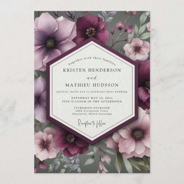 Invitation Mariage Anémone Luxuriante aux Teintes de Prune (Devant)