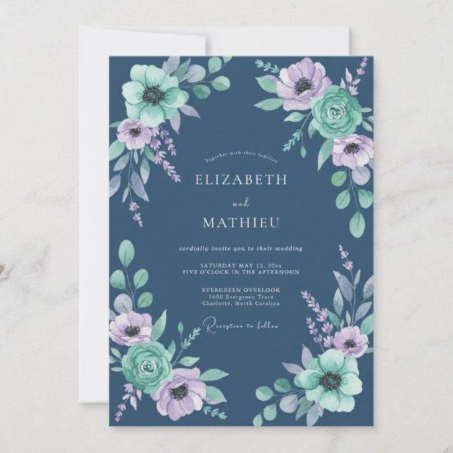 Invitation Mariage Anémone Menthe Indigo (Devant)