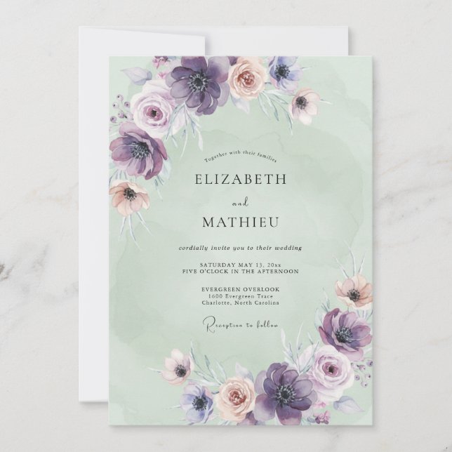 Invitation Mariage Anémone Menthe Lavande (Devant)