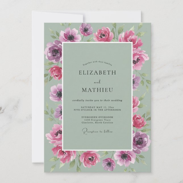 Invitation Mariage Anémone Menthe Orchidée (Devant)