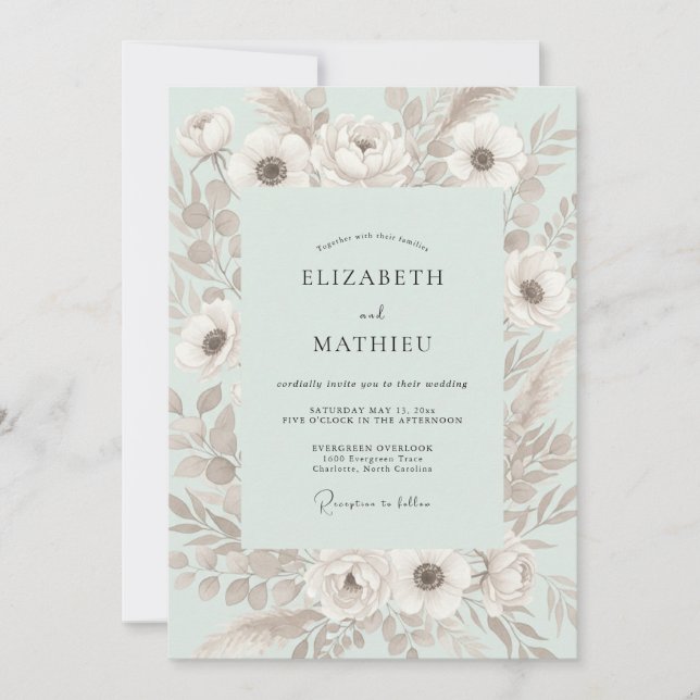 Invitation Mariage Anémone Menthe Pâle (Devant)