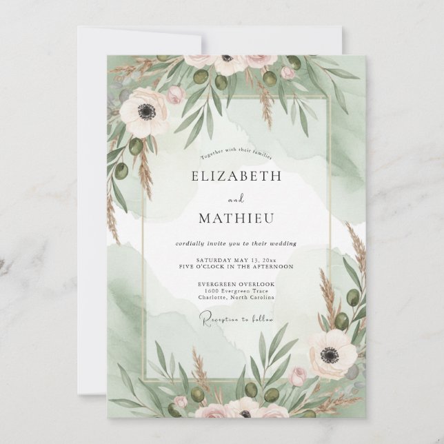 Invitation Mariage Anémone Menthe Rose (Devant)