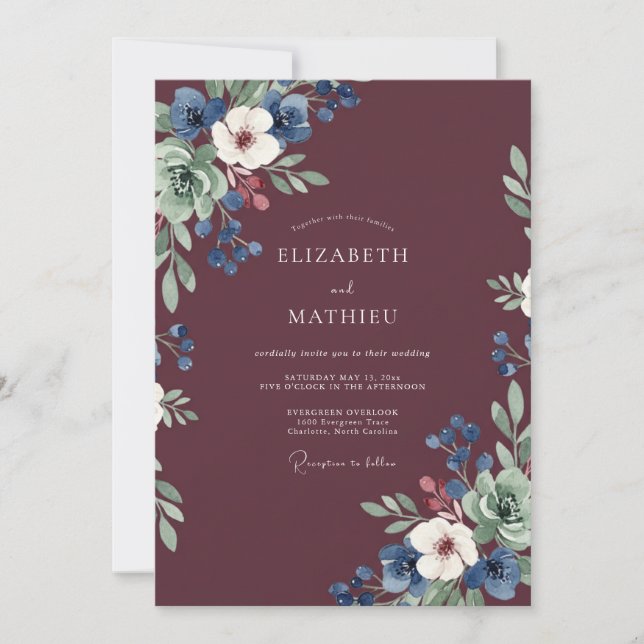 Invitation Mariage Anémone Navy Vin (Devant)