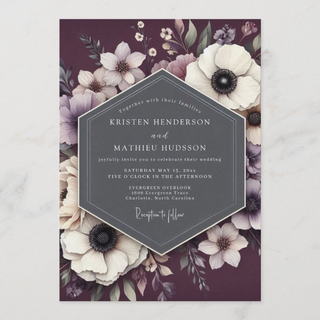 Invitation Mariage Anémone Noir Prune (Devant)