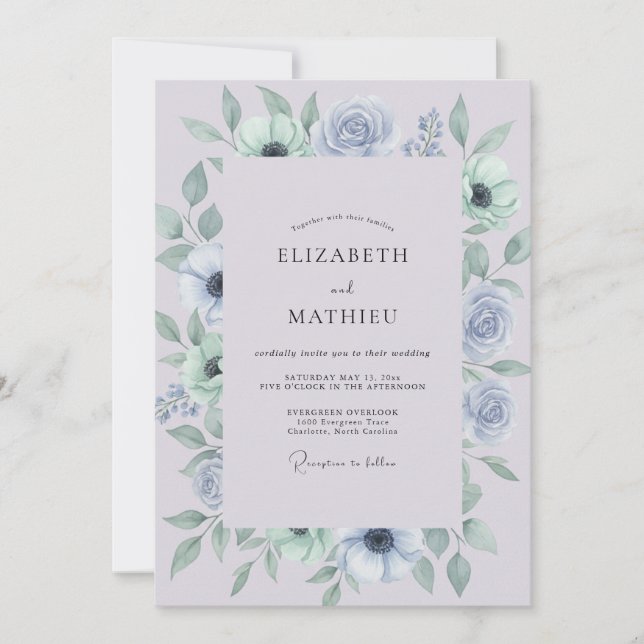 Invitation Mariage Anémone Pervenche Poussiéreuse (Devant)