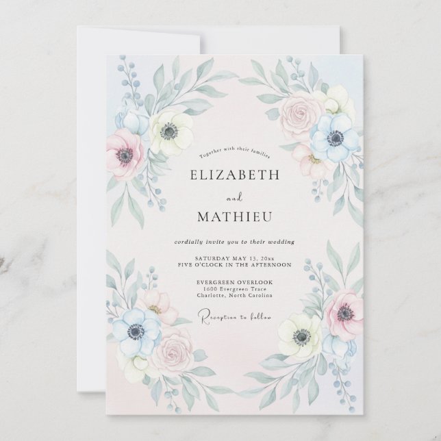 Invitation Mariage Anémone Pervenche Rosée (Devant)