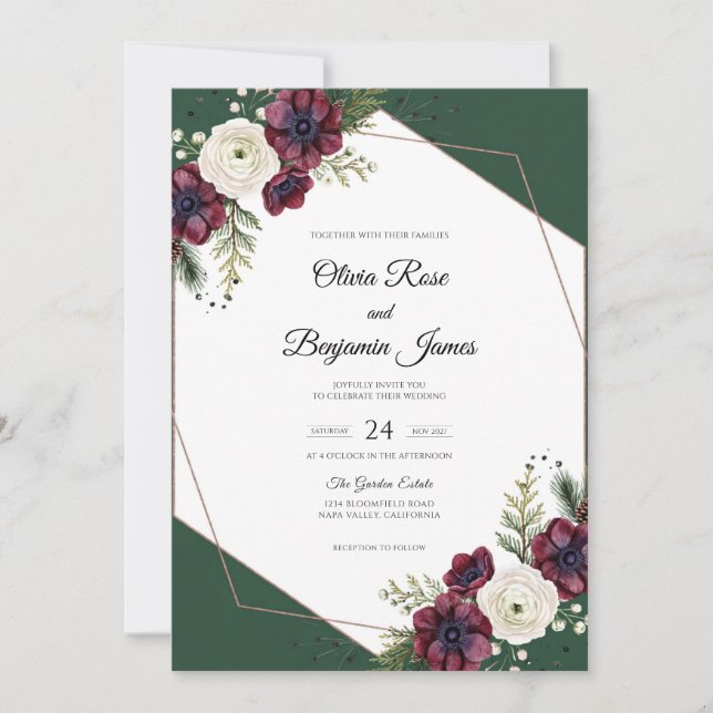 Invitation Mariage Anémone prune émeraude (Devant)
