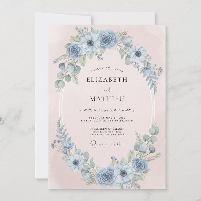 Invitation Mariage Anémone Rêveuse Bleu Acier (Devant)