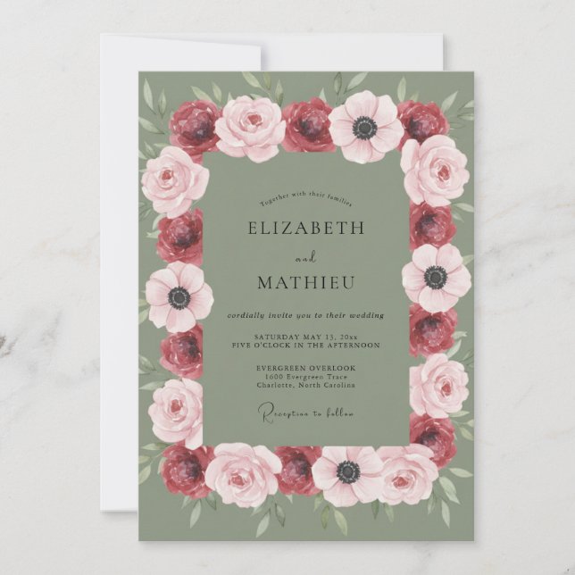 Invitation Mariage Anémone Rose Bourgogne (Devant)