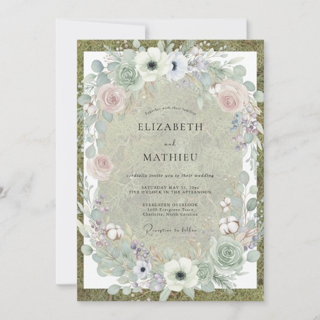 Invitation Mariage Anémone Rose Pâle et Olive (Devant)