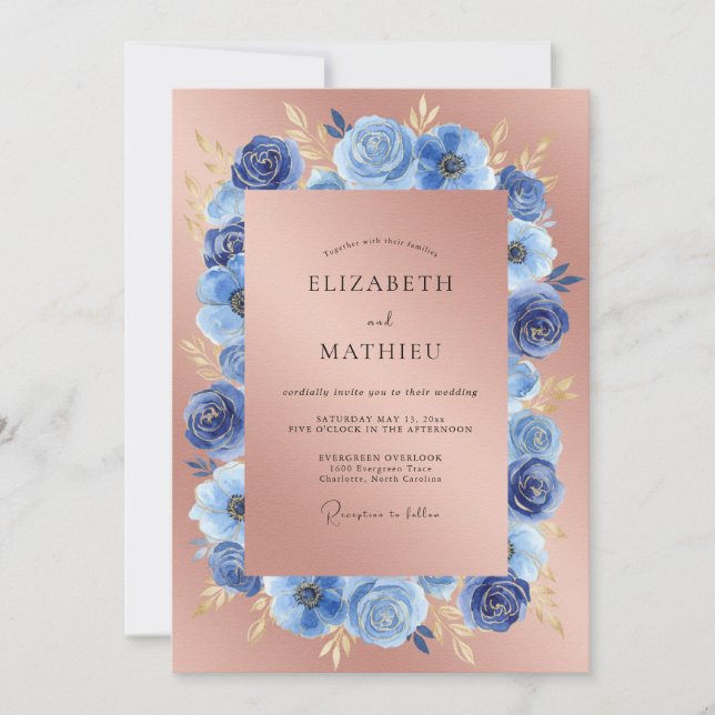 Invitation Mariage Anémone Saphir Or Rose (Devant)