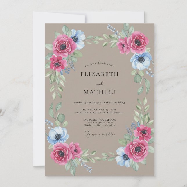 Invitation Mariage Anémone Taupe Magenta (Devant)