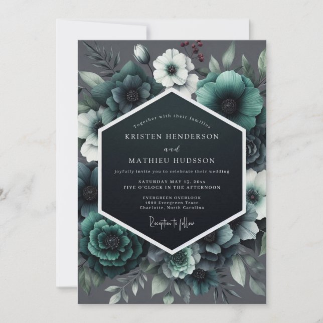 Invitation Mariage Anémone Teal Noir (Devant)
