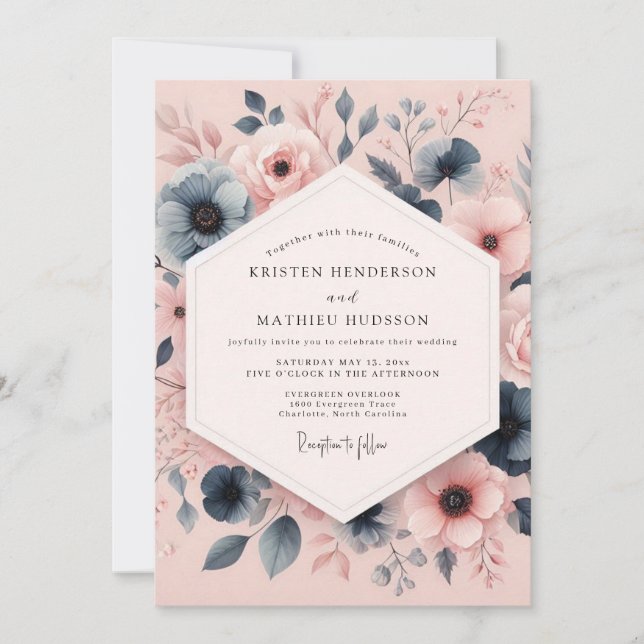 Invitation Mariage Anémone Teinté Bleu Poussiéreux (Devant)