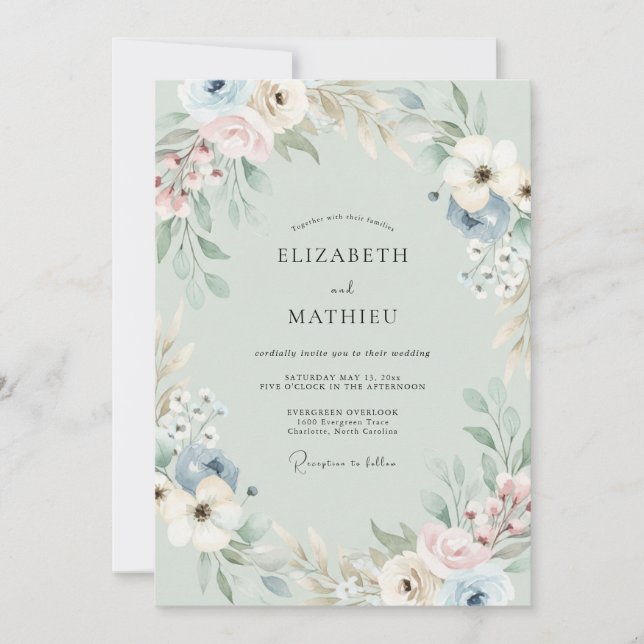 Invitation Mariage Anémone Vert Sauge Assourdi (Devant)