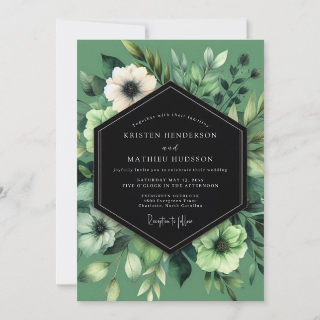 Invitation Mariage Anémone Verte Sage (Devant)