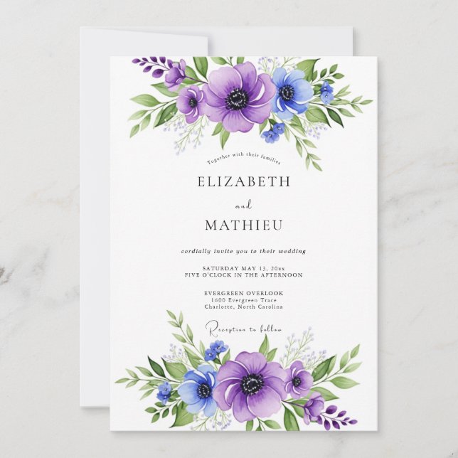 Invitation Mariage Anémone Violet Bleu Vibrant (Devant)