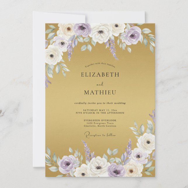 Invitation Mariage Anémone Violette Dorée (Devant)