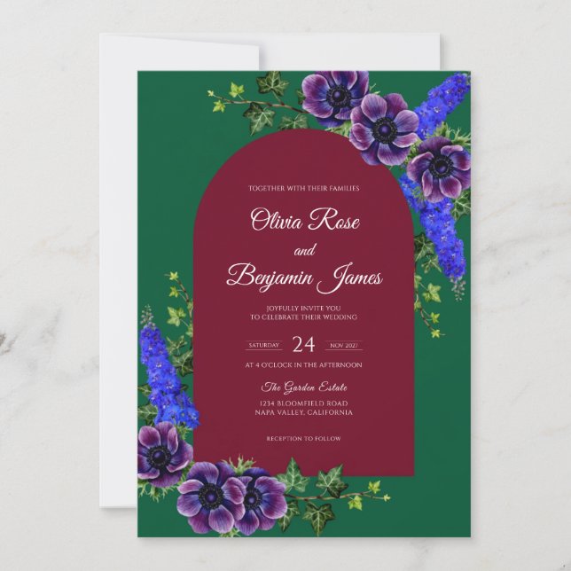Invitation Mariage Anémone Violette Émeraude (Devant)