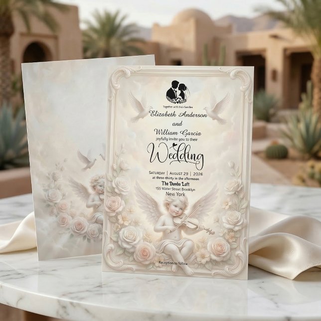 Invitation Mariage ange victorien avec chérubin et colombes é (Créateur téléchargé)