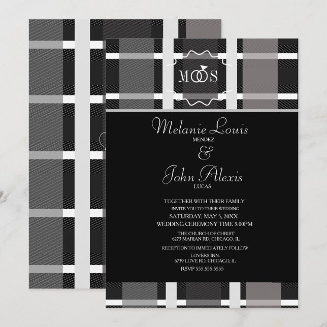 Invitation Mariage anneau logo gris carreaux moderne noir bla (Devant / Derrière)