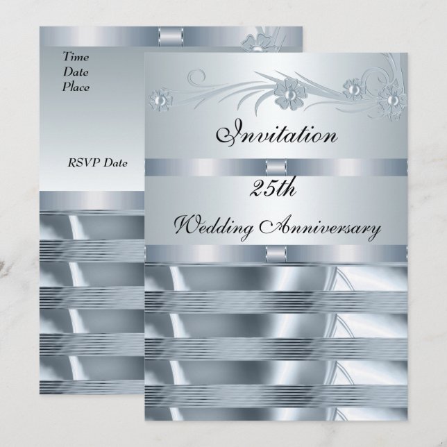 Invitation Mariage Anniversaire 25e Silver Blue (Devant / Derrière)