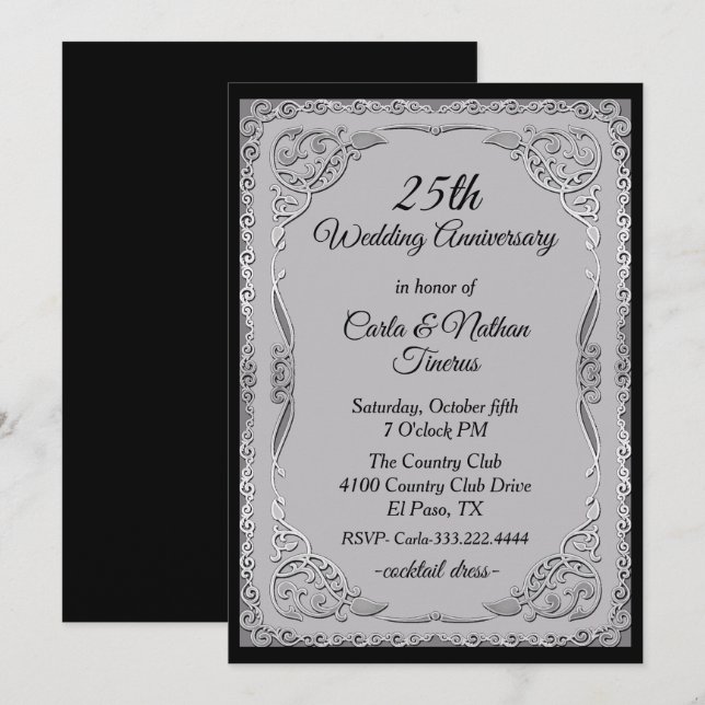 Invitation Mariage Anniversaire Argenté et Gris Orné (Devant / Derrière)