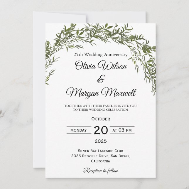 Invitation Mariage Anniversaire Chic Classique avec Verdure  (Devant)