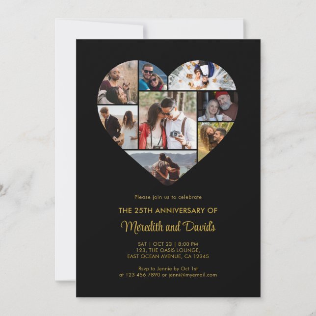 Invitation Mariage Anniversaire Coeur photo Collage noir (Devant)