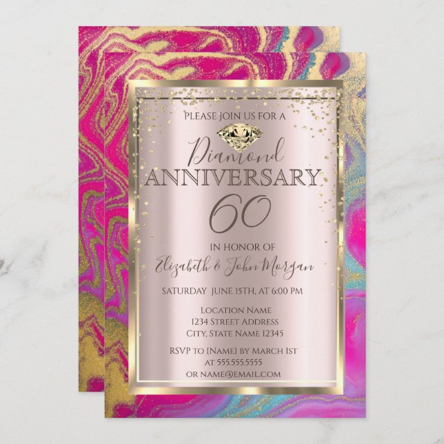 Invitation Mariage Anniversaire Coloré Paillettes Marbre (Devant / Derrière)