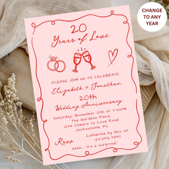 Invitation Mariage Anniversaire de Mariage Rose Dessiné à la  (Créateur téléchargé)