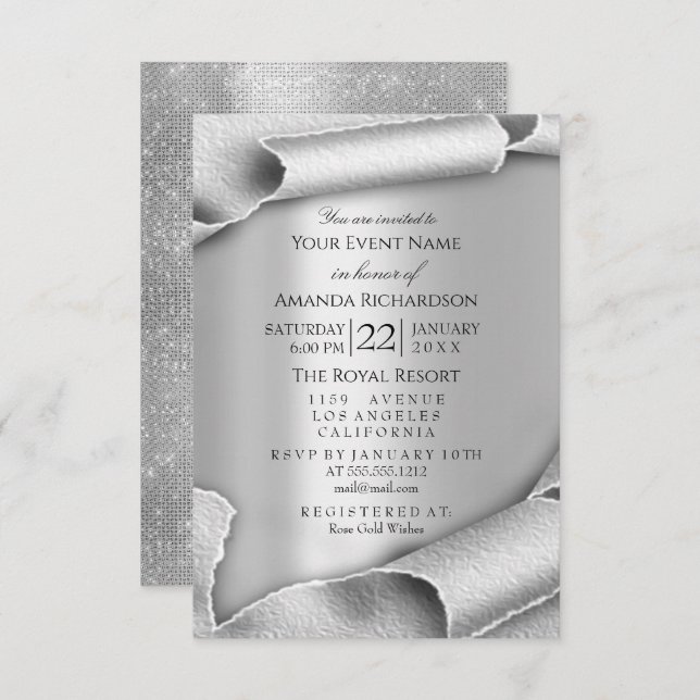 Invitation Mariage Anniversaire Fête 3D Gris Argent (Devant / Derrière)