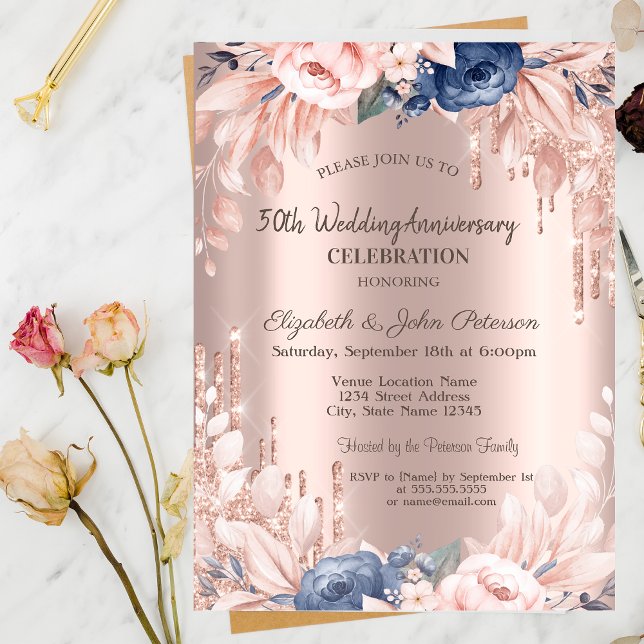 Invitation Mariage Anniversaire Fleur Rose Gold Pailleté (Créateur téléchargé)