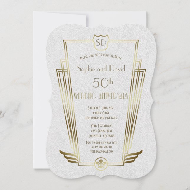 Invitation Mariage Anniversaire Monogramme Art Déco Royal Gol (Devant)