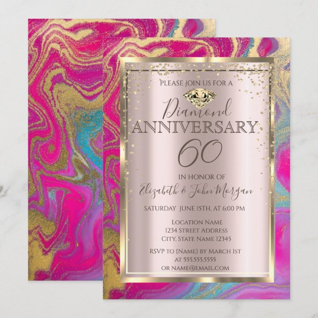 Invitation Mariage Anniversaire Paillettes Marbre Coloré (Devant / Derrière)