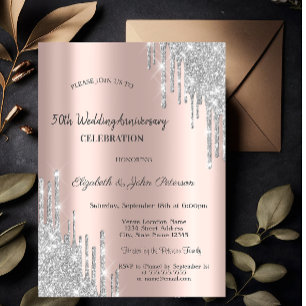 Invitation Mariage Anniversaire Rose Gold Gouttes de Paillett