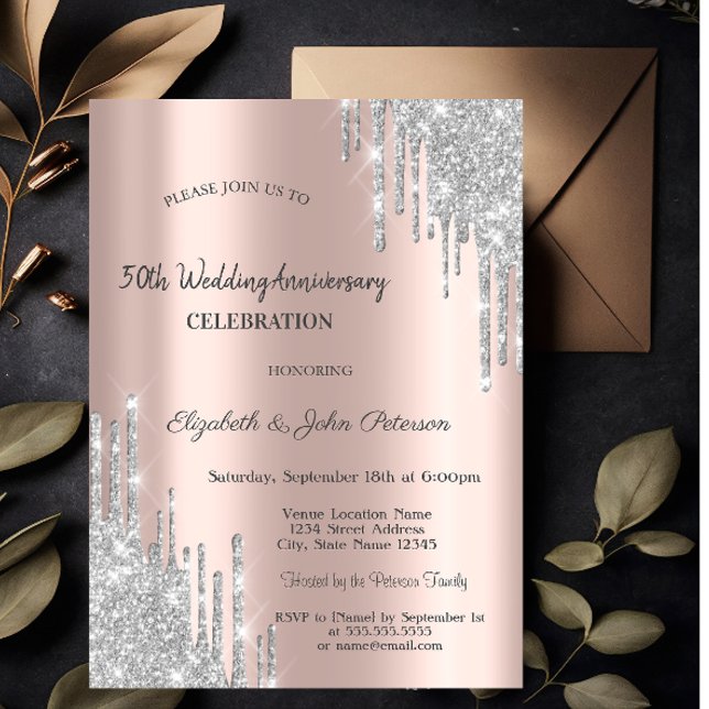 Invitation Mariage Anniversaire Rose Gold Gouttes de Paillett (Créateur téléchargé)