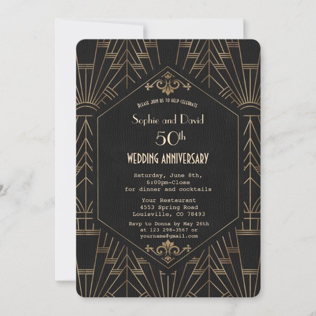 Invitation Mariage Anniversaire Royal Gold Black Great Gatsby (Devant)