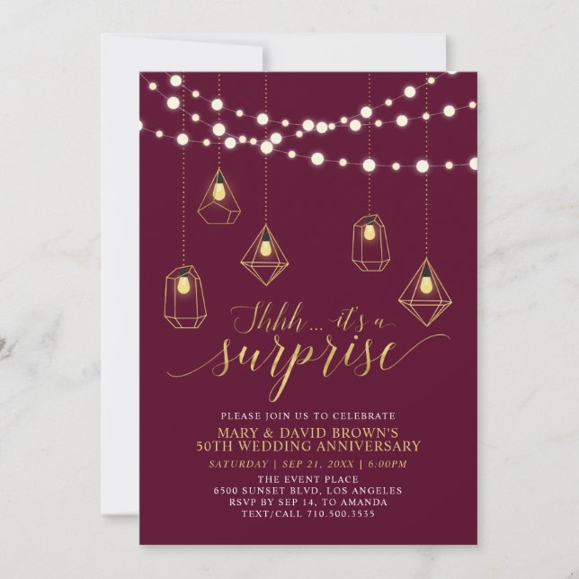 Invitation Mariage Anniversaire Surprise Rouge Bourgogne Or (Devant)