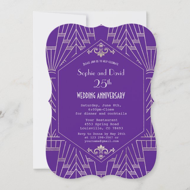 Invitation Mariage Anniversaire Violet Argent Gatsby (Devant)