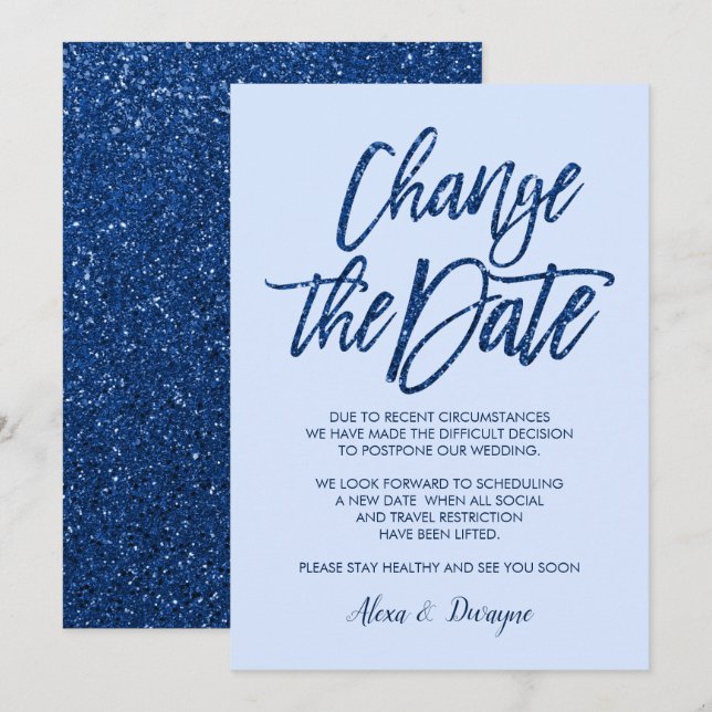 Invitation Mariage Annulé Reporté Glam Blue Glitter (Devant / Derrière)