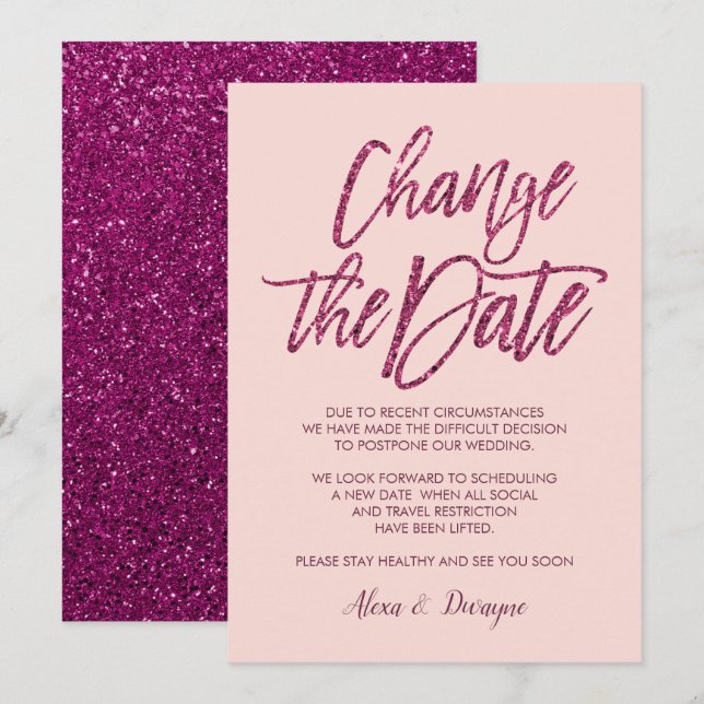 Invitation Mariage Annulé Reporté Glitter Rose Violet (Devant / Derrière)