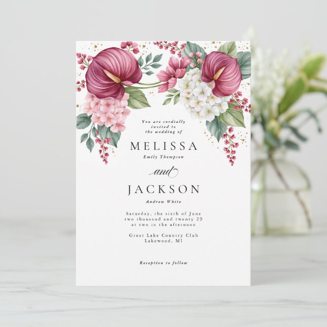 Invitation Mariage Anthurium et Hydrangea Bourgogne (Debout devant)