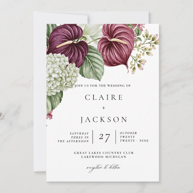 Invitation Mariage Anthurium et Hydrangea Vin de Bourgogne (Devant)