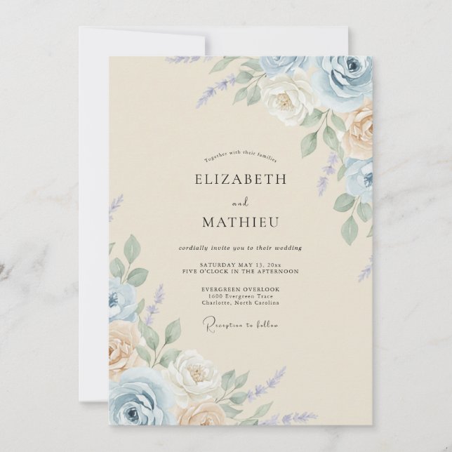 Invitation Mariage Antique Champagne Ardoise Pétales (Devant)