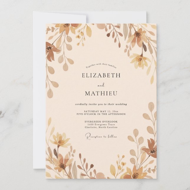Invitation Mariage Antique Champagne aux Feuilles (Devant)