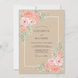Invitation Mariage Antique Champagne Corail Pivoine