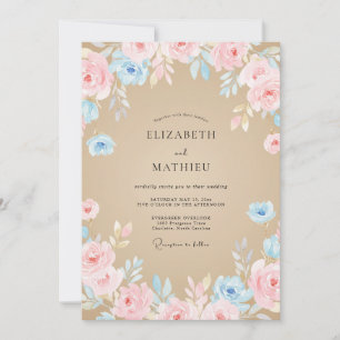 Invitation Mariage Antique Champagne Pivoine Azur
