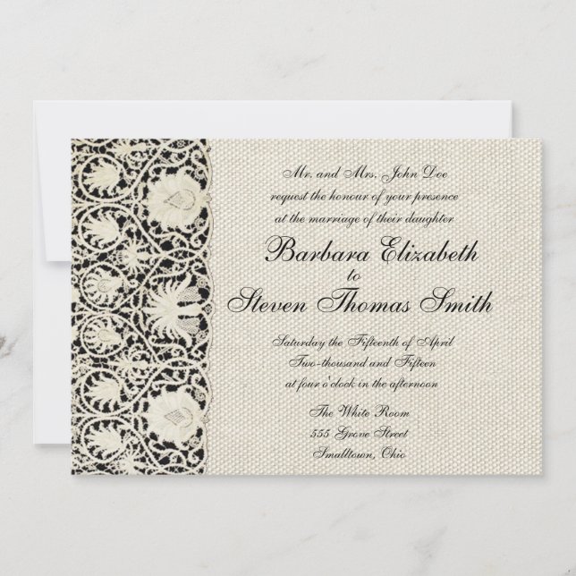 Invitation Mariage Antique Dentelle Lin Blanc Classique Joli (Devant)