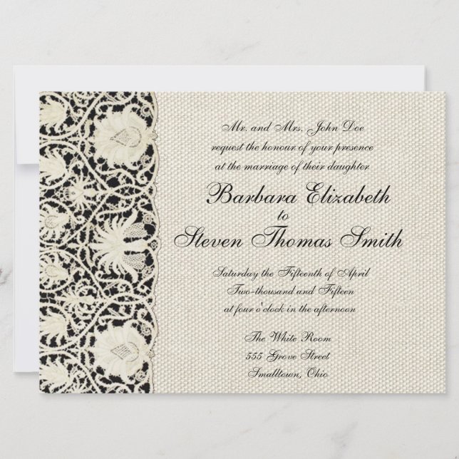 Invitation Mariage Antique Dentelle Lin Blanc Classique Joli (Devant)
